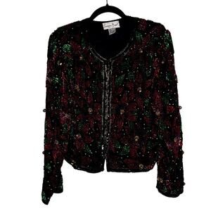 Vintage Laurence Kazar Sequin Jacket Size XL Red Black Floral Beaded Cropped